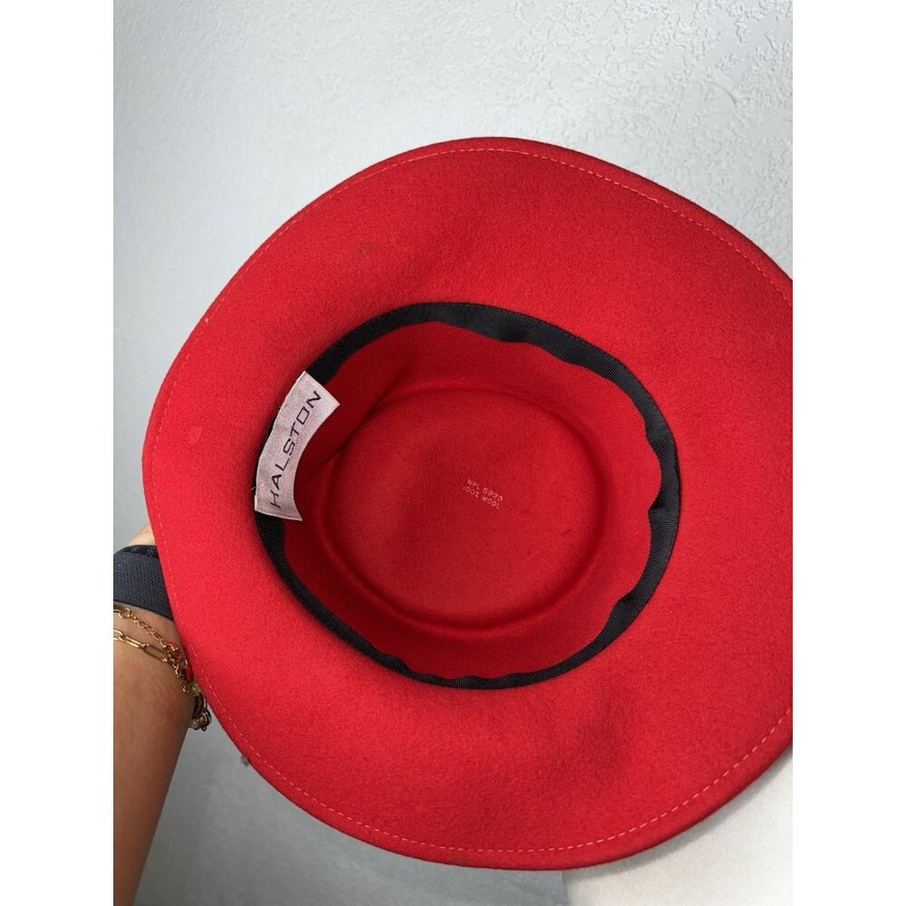 Halston Wool Red Black Bow Fedora Hat 5923 100% Wool Vintage Style Round - Picture 3 of 6